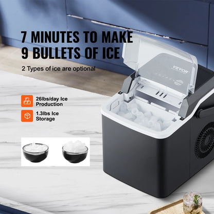 VEVOR Countertop Ice Maker - Self-Cleaning, Portable Ice Machine with Ice Scoop and Basket, Features 2 Sizes of Bullet Ice