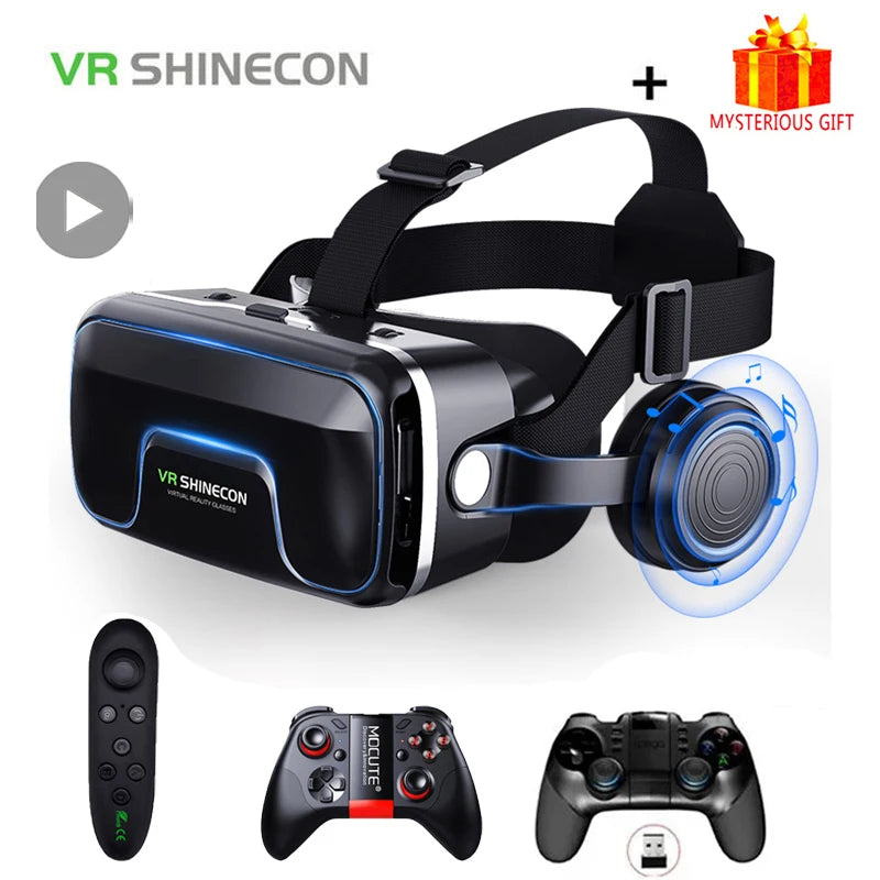 VR Shinecon 10.0 Helmet - 3D Virtual Reality Glasses for Smartphones, Includes Controller and Binoculars for Gaming and Movies