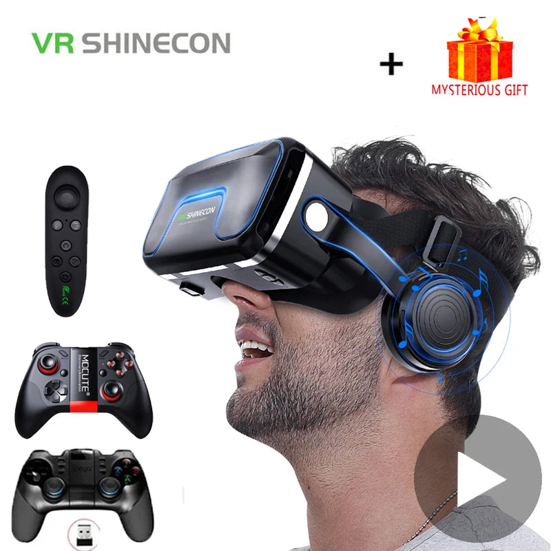 VR Shinecon 10.0 Helmet - 3D Virtual Reality Glasses for Smartphones, Includes Controller and Binoculars for Gaming and Movies