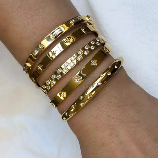 Waterproof Luxury Bangles - Colorful Cubic Zirconia, 18k Gold-Plated Stainless Steel Open Bracelet for Women