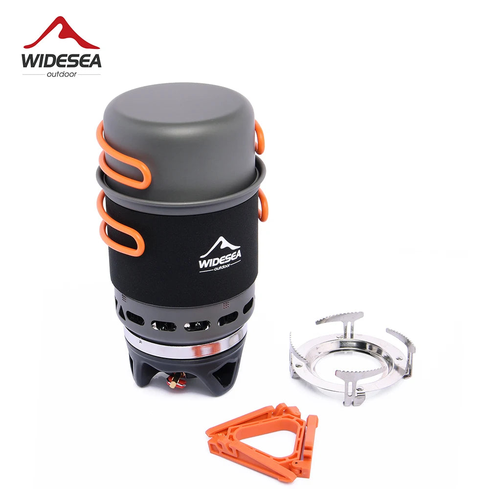 Widesea Camping Cooking System - Outdoor Gas Burner Stove with Heat Exchanger, Tourist Pot Set, and Cup Tableware Cookware for Hiking