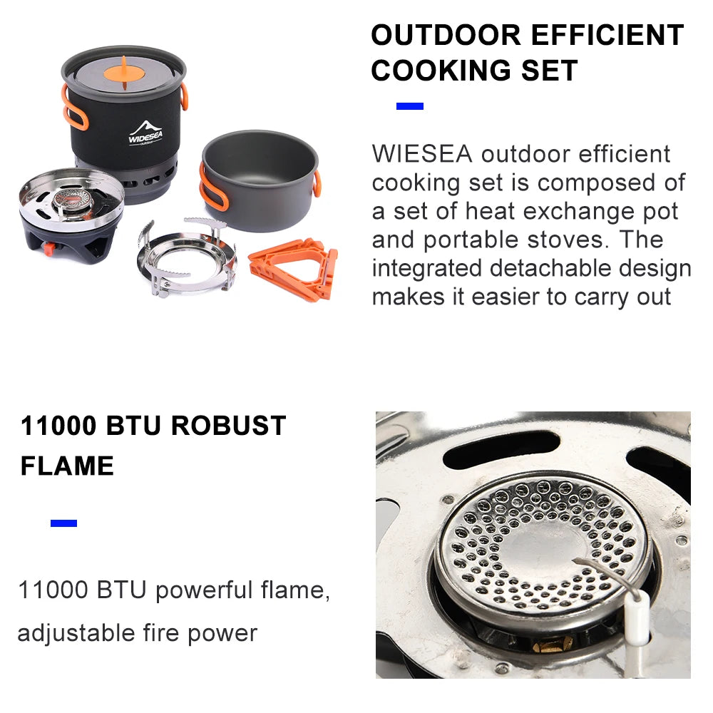 Widesea Camping Cooking System - Outdoor Gas Burner Stove with Heat Exchanger, Tourist Pot Set, and Cup Tableware Cookware for Hiking