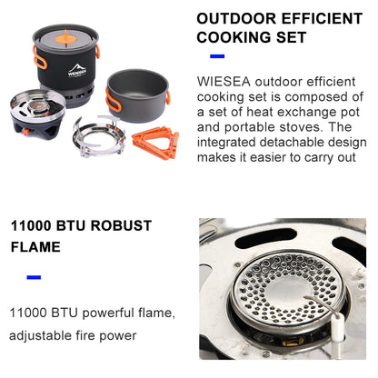 Widesea Camping Cooking System - Outdoor Gas Burner Stove with Heat Exchanger, Tourist Pot Set, and Cup Tableware Cookware for Hiking