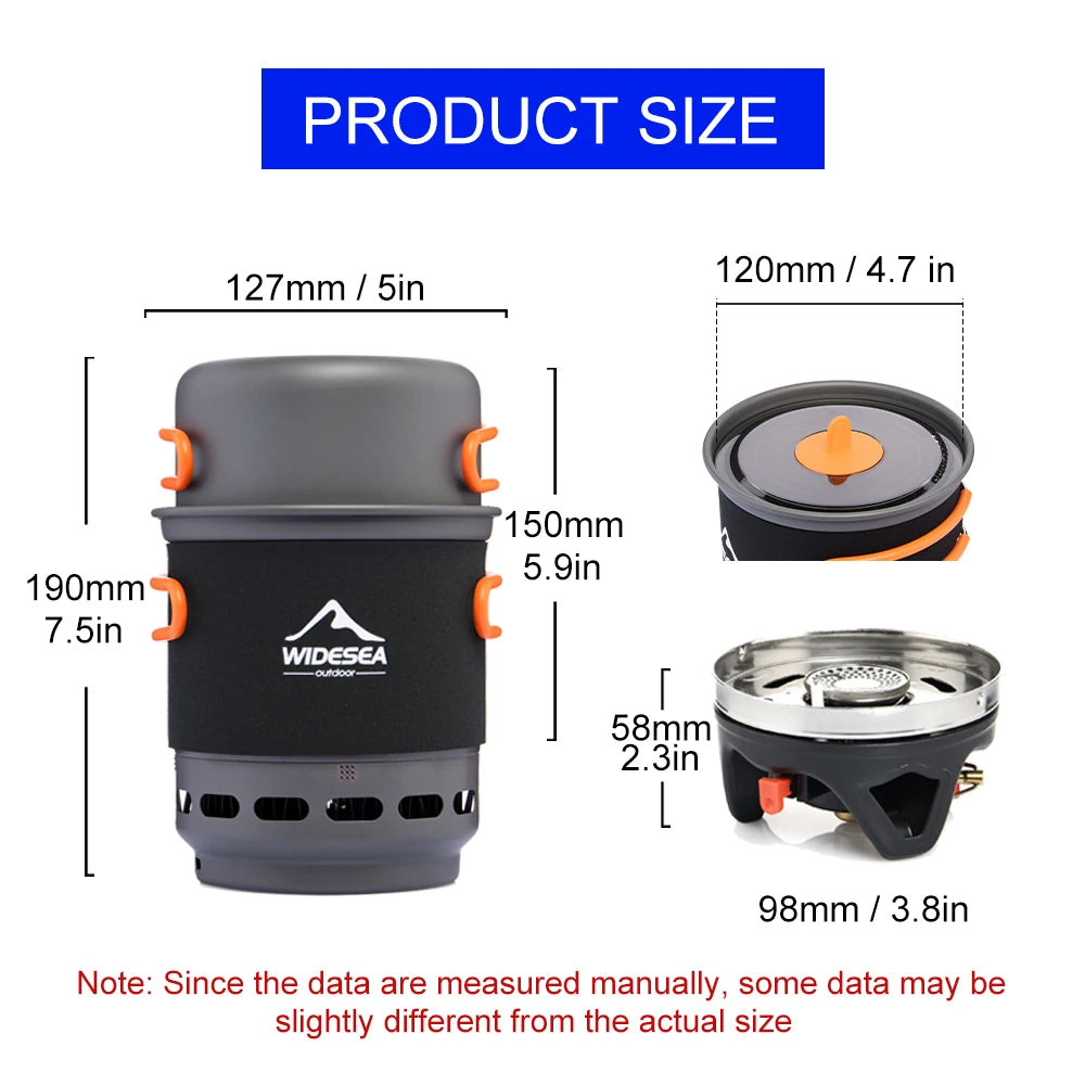 Widesea Camping Cooking System - Outdoor Gas Burner Stove with Heat Exchanger, Tourist Pot Set, and Cup Tableware Cookware for Hiking