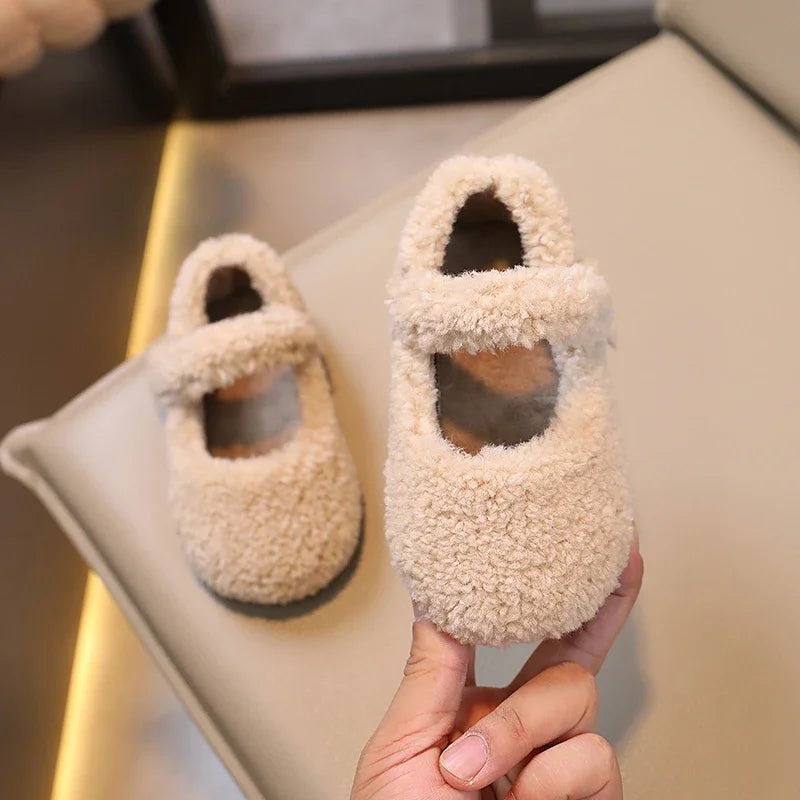 2024 Winter Children's Flat Shoes with Fur Cover and Toe - Warm, Plush, Non-slip Casual Shoes for Boys and Girls
