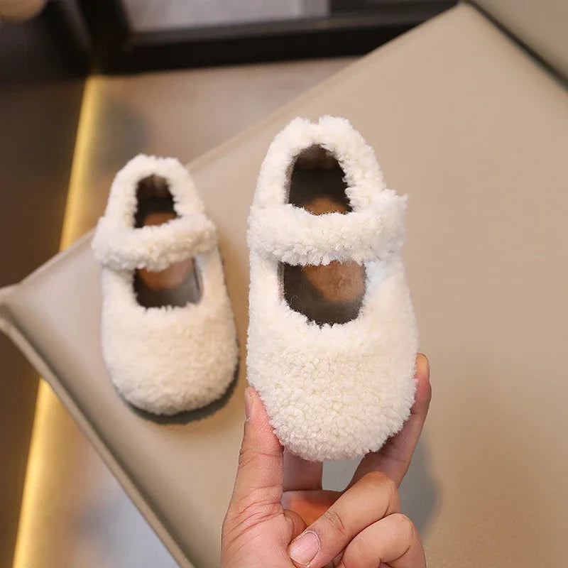 2024 Winter Children's Flat Shoes with Fur Cover and Toe - Warm, Plush, Non-slip Casual Shoes for Boys and Girls