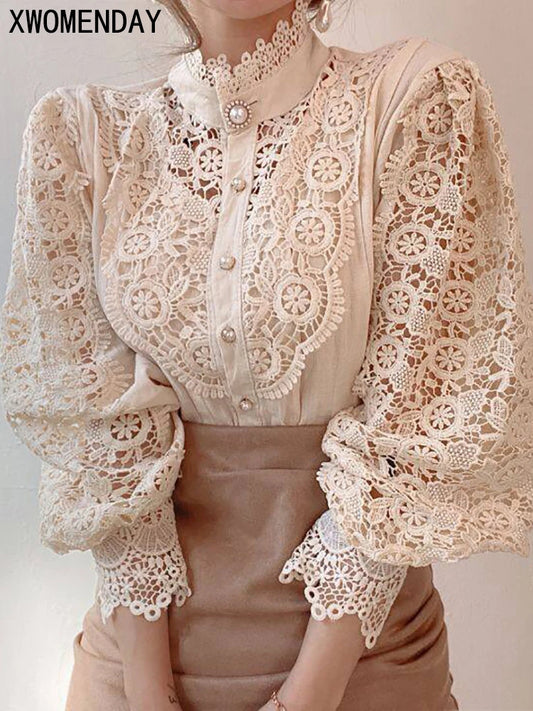 Elegant Women's Chiffon Turtleneck Top with Lace Detailing, Long Sleeve Hollow White Blouse for 2024