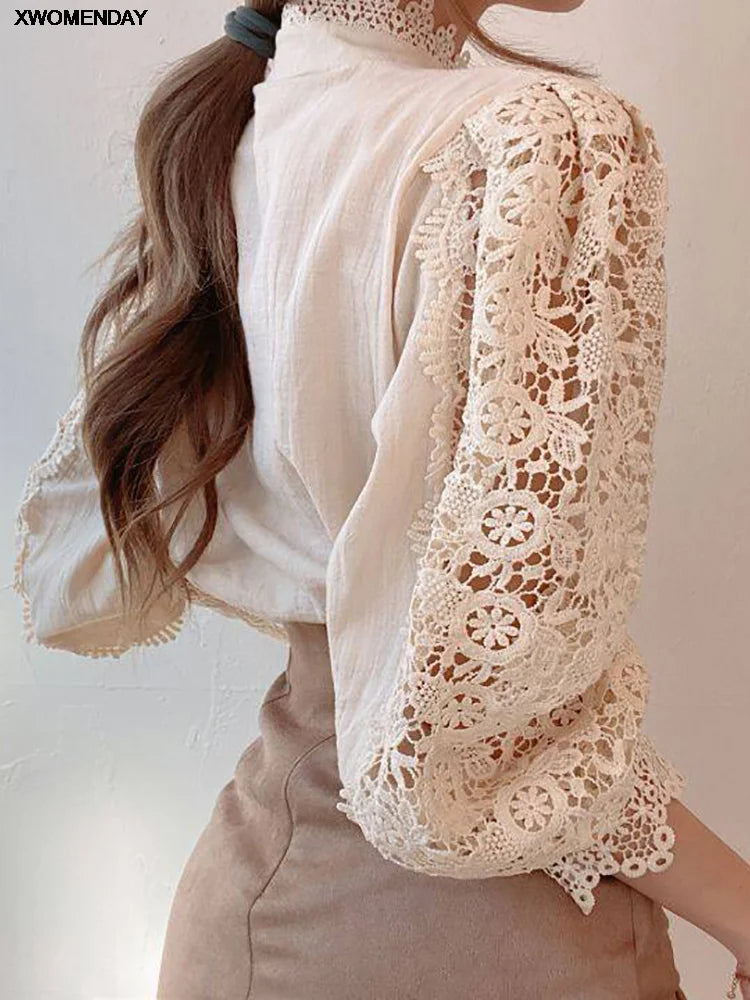 Elegant Women's Chiffon Turtleneck Top with Lace Detailing, Long Sleeve Hollow White Blouse for 2024