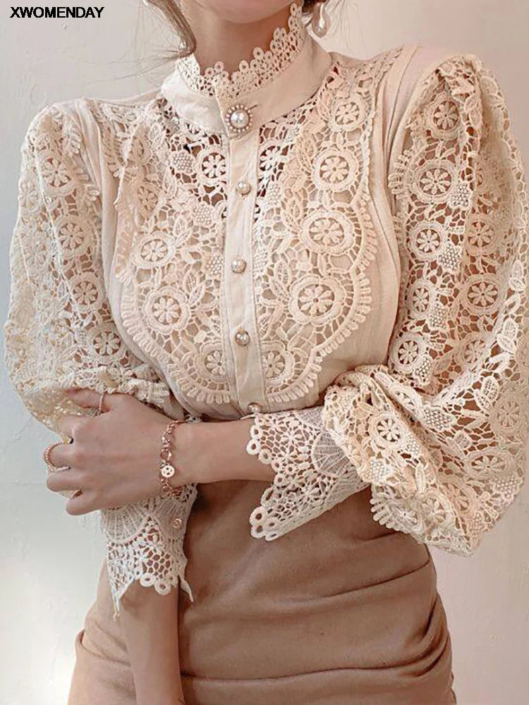 Elegant Women's Chiffon Turtleneck Top with Lace Detailing, Long Sleeve Hollow White Blouse for 2024