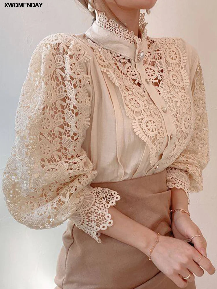 Elegant Women's Chiffon Turtleneck Top with Lace Detailing, Long Sleeve Hollow White Blouse for 2024