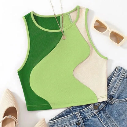 Women's Heart Print Sleeveless Rib Knit Crop Tank Top - Color Spliced, Backless Design, Sexy Summer Vest 2024