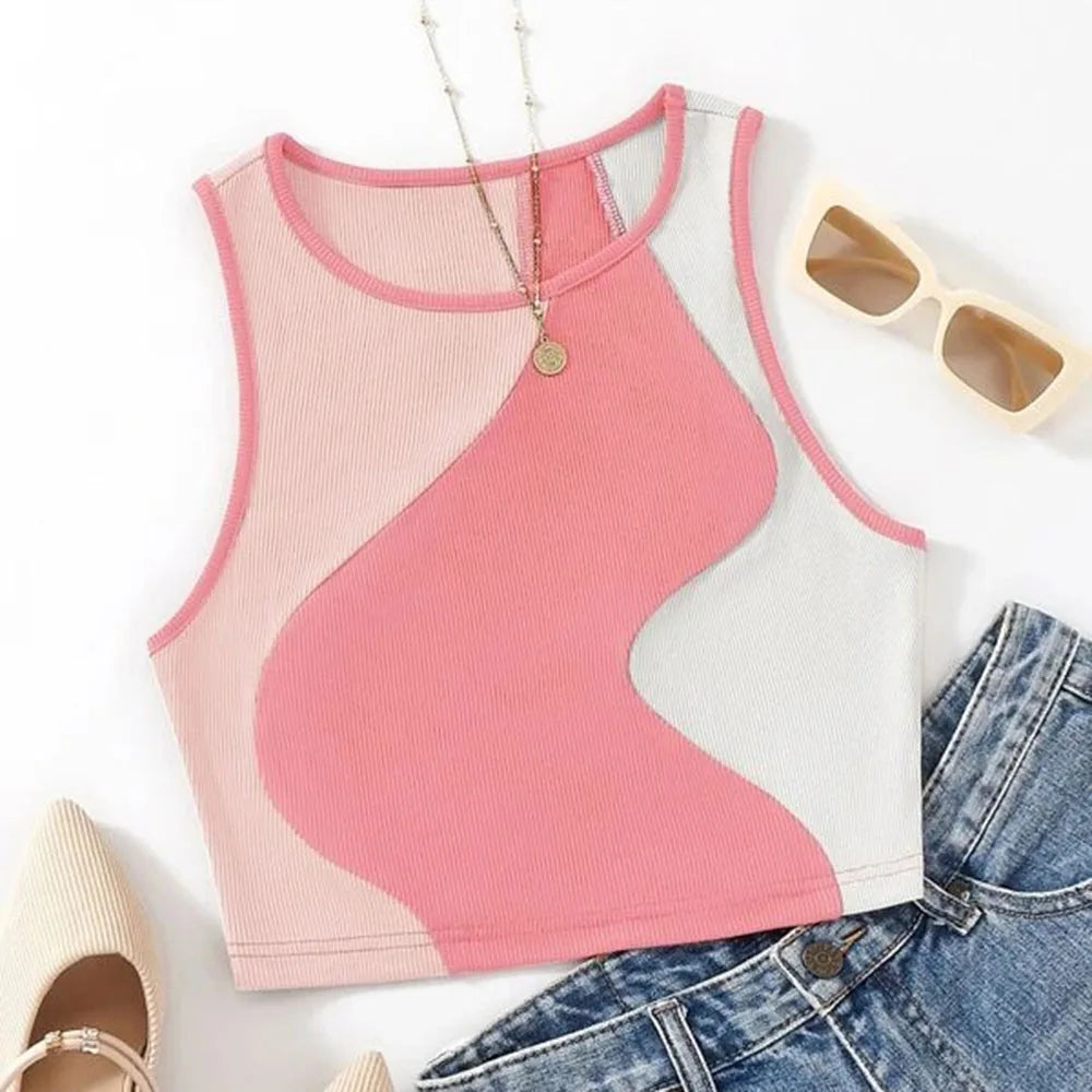 Women's Heart Print Sleeveless Rib Knit Crop Tank Top - Color Spliced, Backless Design, Sexy Summer Vest 2024