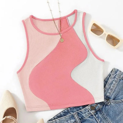 Women's Heart Print Sleeveless Rib Knit Crop Tank Top - Color Spliced, Backless Design, Sexy Summer Vest 2024