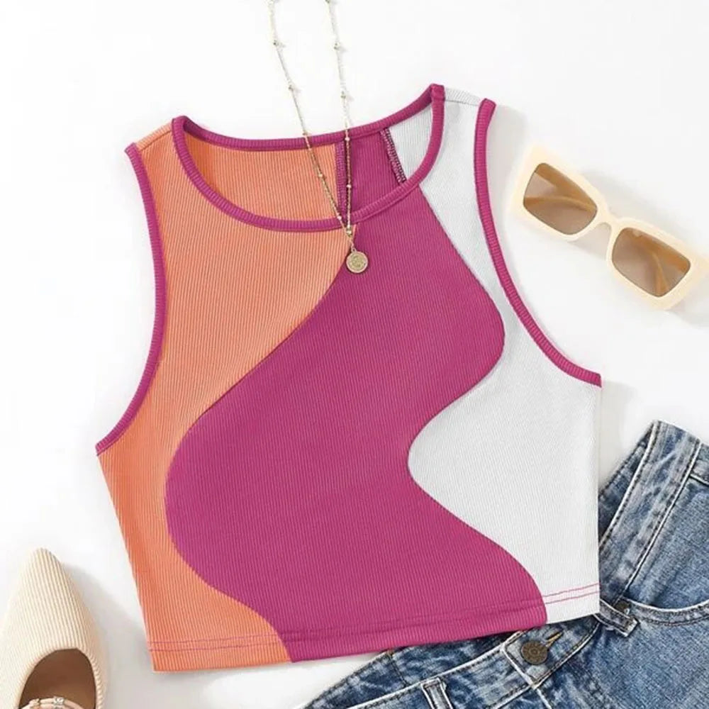 Women's Heart Print Sleeveless Rib Knit Crop Tank Top - Color Spliced, Backless Design, Sexy Summer Vest 2024