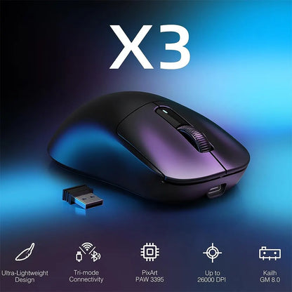 X3 Lightweight Wireless Gaming Mouse - 3-Mode Connectivity (2.4G, USB-C Wired, Bluetooth), 26K DPI PAW3395 Optical Sensor, Compatible with PC, Laptop, Windows, Mac