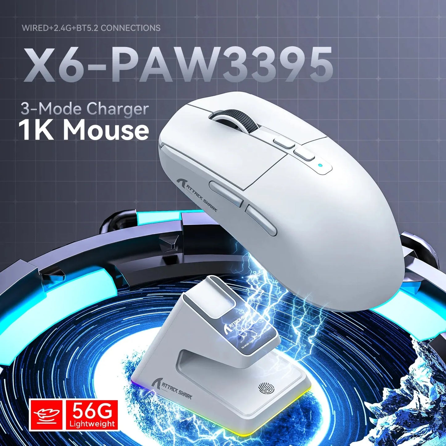 X6 Lightweight Wireless Gaming Mouse - 3-Mode Connectivity (Wired, 2.4G, BT5.2), Up to 26K DPI, RGB Backlight, Charging Base, for Laptop and Desktop