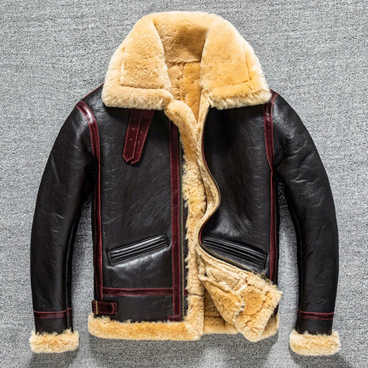 YR!Free shipping.Classic Air Force B3 Shearling Jacket - Men's Thick Winter Warm Real Fur Leather Coat