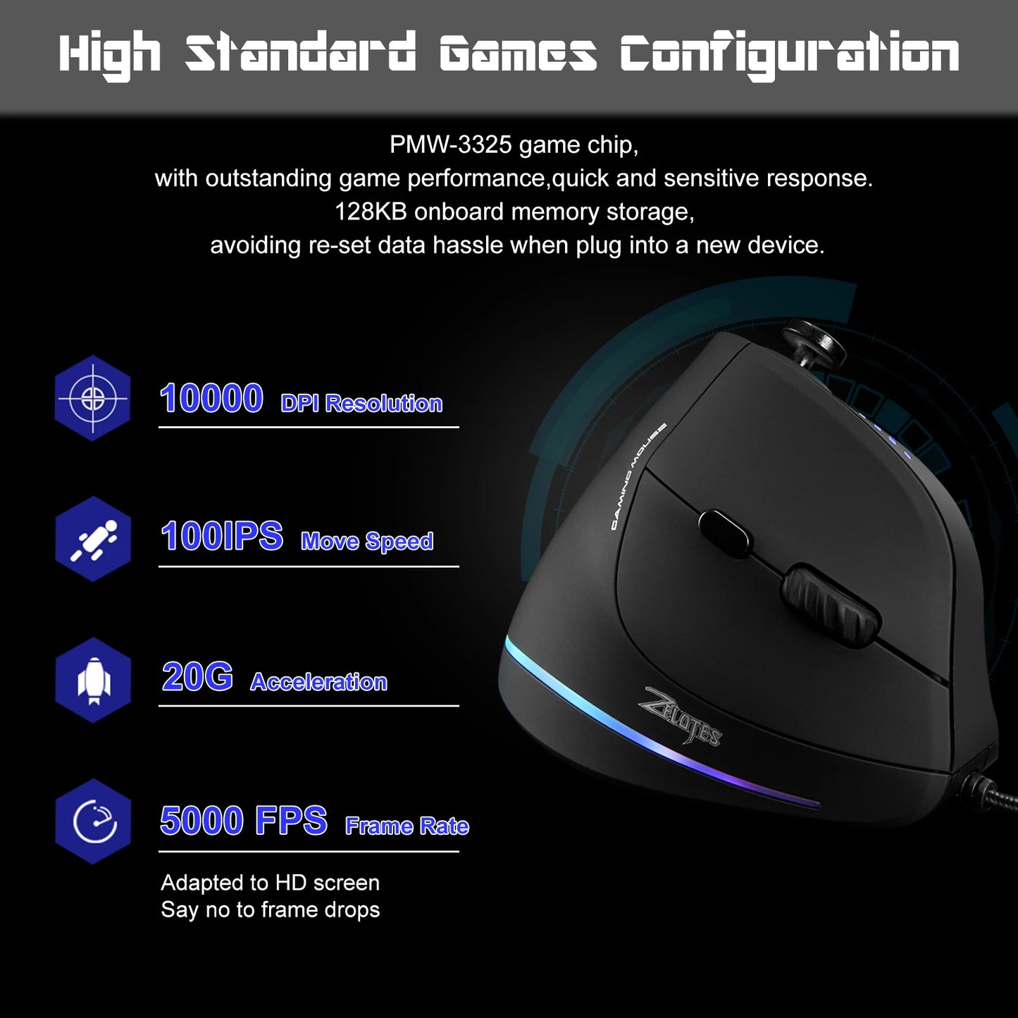 ZELOTES Vertical Gaming Mouse Wired USB Ergonomic Mice RGB Joysticks Programmable Laser Mice 10000 DPI For Gamer PC Computer C18