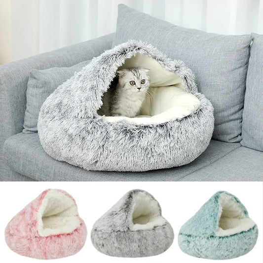 Snooze Cat Bed - Round Plush Hooded Cozy Cave Bed for Cats and Small Dogs, Indoor Donut Self-Warming Anti-Anxiety Puppy Kennel