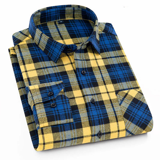 2024 Autumn-Winter Men's Plaid Flannel Shirt: Long Sleeve Red Checkered Cotton