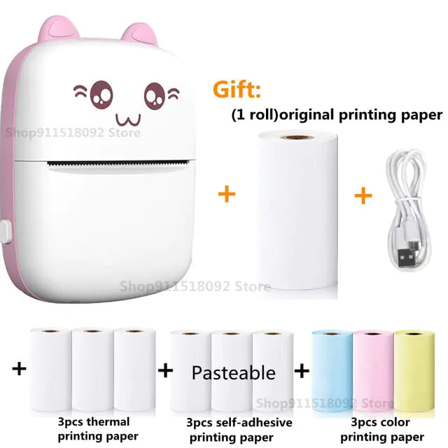 Cat Shape Mini Printer - Pocket-Sized Thermal Inkless Black and White Printer with Bluetooth Connectivity
