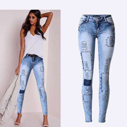 Summer Style Women's Skinny Tights - Low Waist Sky Blue Patchwork Pencil Jeans with High Stretch