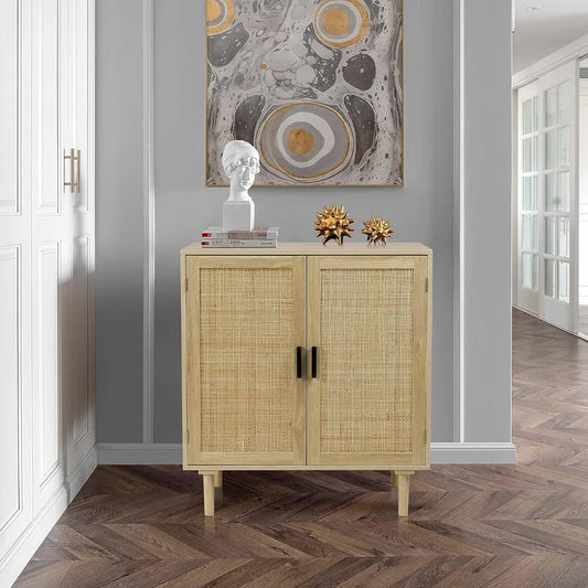 Accent Liquor Cabinet with Rattan Decorated Doors - Living Room, Kitchen, Hallway Storage Sideboard