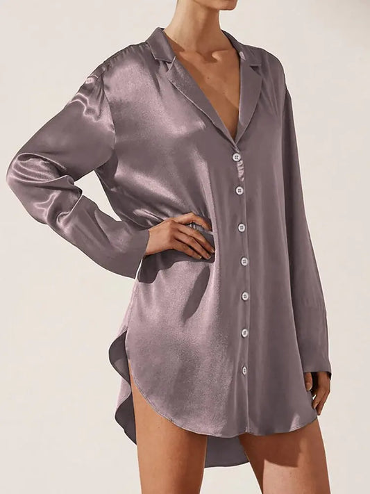 Linad Satin Night Dress - Classic Design with Turn-Down Collar and Long Sleeves