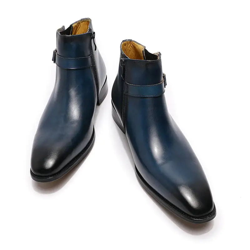 Men's Italian Leather Dress Boots with Zipper and Buckle Detail
